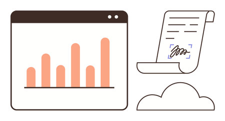 Web analytics graph, signed document on paper scroll, and cloud storage. Ideal for digital transformation, cloud computing, online security, data analysis, business contracts, technology simple flatのイラスト素材