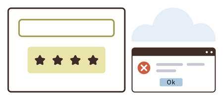 Star rating system in a feedback window beside an error message popup with cloud graphic. Ideal for...