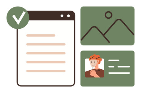 Document page with a checked badge, photo placeholder, ID details, and landscape. Ideal for identity confirmation, compliance, approval, security, authentication online profiles and validationのイラスト素材