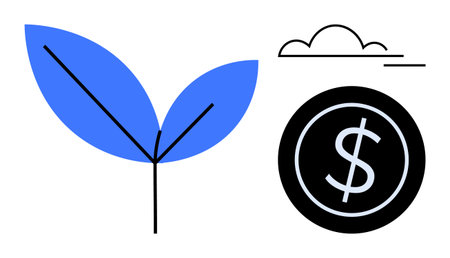 Blue leaves and black dollar sign under a simple cloud convey growth, sustainability, and eco-finance. Ideal for ecology, investment, renewable energy, economics, eco-business, profit sustainableのイラスト素材
