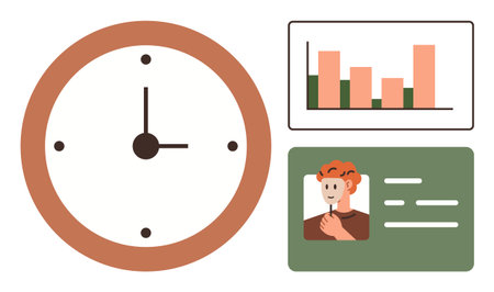 Clock indicating time, bar graph with data bars, and ID card with photo and text. Ideal for time tracking, productivity, analytics, identity, organization workflow planning. Simple flat metaphorのイラスト素材