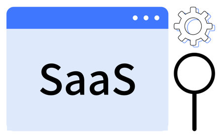 Web browser tab displaying SaaS text. Next to it, gear and magnifying glass icons represent settings, configuration, exploration. Ideal for technology, cloud computing, business solutions, marketingのイラスト素材