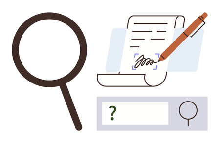 Magnifying glass, document with pen signing animation, search bar with query highlight. Ideal for research, verification, contracts, analysis, transparency digital tools accountability. Simple flatのイラスト素材