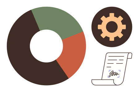 Colorful pie chart, gear icon, and signed document symbolizing analysis, productivity, and decision-making. Ideal for business, strategy, data workflow organization planning management. Simpleのイラスト素材