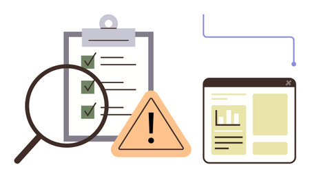 Magnifying glass over checklist, warning triangle, data chart on browser window. Ideal for risk analysis, decision-making, quality control, compliance, strategy, auditing simple flat metaphorのイラスト素材