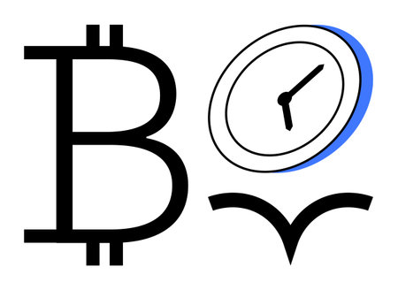 Bitcoin symbol, clock, and wing shape referencing cryptocurrency, time value, and innovation. Ideal for finance, blockchain, time management freedom economy technology investment. Simple flatのイラスト素材
