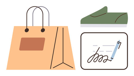 Paper shopping bag, green sneaker, and signed receipt with pen signify transactions, ecommerce, and retail purchases. Ideal for shopping, payment, fashion, delivery marketing finance customerのイラスト素材