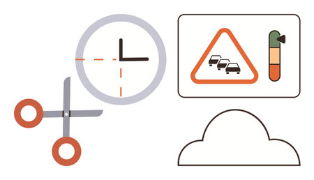 Clock, scissors cutting time symbol, traffic warning sign, fuel gauge, cloud shape. Ideal for time efficiency, eco awareness, decision-making, resource conservation urban planning environmentalのイラスト素材