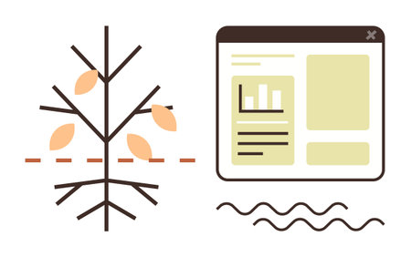 Abstract tree with nodes representing data growth alongside a web dashboard showing analysis charts and text. Ideal for data growth, analysis, innovation, organization, strategy, planning, simpleのイラスト素材