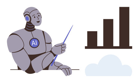 AI robot holding a pointer near a bar chart and cloud, signifying data analytics and cloud computing. Ideal for technology, innovation, data science, machine learning, automation, business strategyのイラスト素材