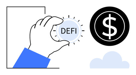 Hand grasping DeFi coin with glowing accents, dollar symbol and cloud in geometric style. Ideal for blockchain, cryptocurrency, fintech, peer-to-peer finance, investment, innovation, and digitalのイラスト素材
