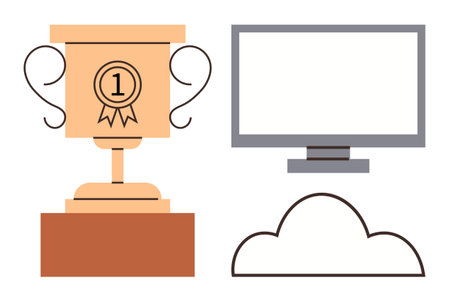 Golden trophy, computer monitor, and cloud icon symbolize success, digital advancements, and cloud computing. Ideal for competition, achievement, technology, innovation success digitalのイラスト素材