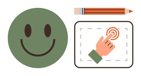 Green happy face, orange pencil, and hand tapping touch icon on tablet screen. Ideal for creativity, education, teamwork, user experience, communication learning and digital solutions. Simple flatのイラスト素材