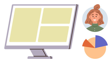 Computer screen showing dashboard layout, female avatar, and pie chart sections. Ideal for project management, data analysis, teamwork, UI design, personal profiles, digital workflows simple flatのイラスト素材