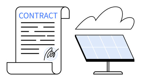 Contract document with signature next to a solar panel and cloud. Ideal for sustainability, business, environment, renewable energy, clean technology, contracts, innovation in energy. Simple flatのイラスト素材