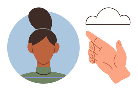 Womans face in circular frame, hand pointing towards a cloud outline. Ideal for communication, guidance, ideas, creativity, collaboration, instruction abstract connection. Simple flat metaphorのイラスト素材