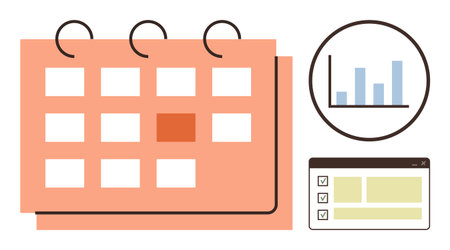 Calendar grid with highlighted date, circular bar graph, and task checklist window. Ideal for scheduling, time management, goal setting, productivity, planning, workflow simple flat metaphorのイラスト素材