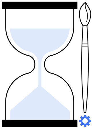 Hourglass in blue tones with a paintbrush and gear. Ideal for time, creativity, productivity, innovation, workflow, efficiency, and project planning. Simple flat metaphorのイラスト素材