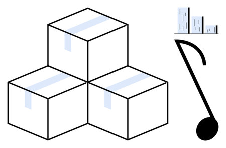 Three labeled boxes stacked in a triangular formation, bar graph for analytics, and music note. Ideal for logistics, creativity, analysis, management, efficiency, collaboration and balance conceptsのイラスト素材