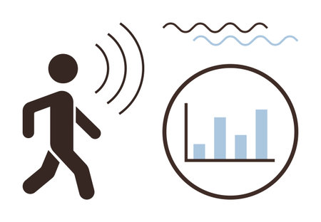 Walking figure emitting sound waves with bar graph and waves. Ideal for technology, health, fitness, monitoring, communication, data analysis, innovation. Simple flat metaphorのイラスト素材