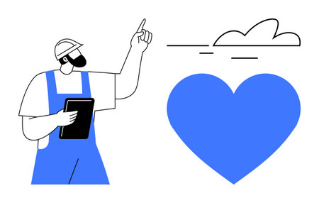 Builder wearing helmet holds tablet and points upward near a blue heart and cloud. Ideal for construction, environment, sustainability, teamwork, health, compassion, care messages. Simple flatのイラスト素材