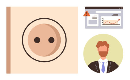 Power outlet illustration, browser page with warning alert, and male professional portrait. Ideal...