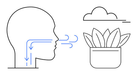 Human exhaling air towards potted plant under a cloud representing coexistence, environment, and respiration. Ideal for ecology, sustainability, health, wellness, oxygen cycle, clean air mindfulnessのイラスト素材