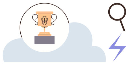 Golden trophy on pedestal inside cloud, surrounded by magnifying glass and lightning bolt. Ideal for recognition, success, innovation, analytics, brainstorming, leadership motivation. Simple flatのイラスト素材