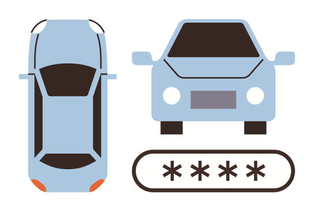 Compact car top and front view elements paired with a password bar with asterisks. Ideal for security, authentication, automotive technology, digital access, protection, innovation, and smartのイラスト素材