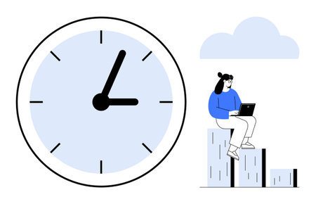 Large clock beside person sitting on bar chart working on laptop beneath a cloud. Ideal for...