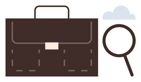 Brown briefcase symbolizing work, magnifying glass for exploration, and cloud suggesting technology. Ideal for career, recruitment, business, analysis, job search innovation management. Simple flatのイラスト素材