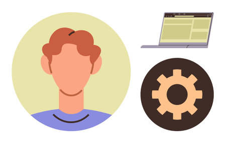 Faceless avatar with red hair, laptop with an open webpage, large gear icon suggesting settings. Ideal for user profile visuals, account management, configuration, UI, apps, technology simple flatのイラスト素材
