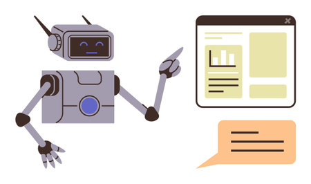 Robot pointing to a digital interface displaying charts and text, alongside a speech bubble. Ideal for technology, robotics, AI, education, presentations, innovation digital communication. Simpleのイラスト素材