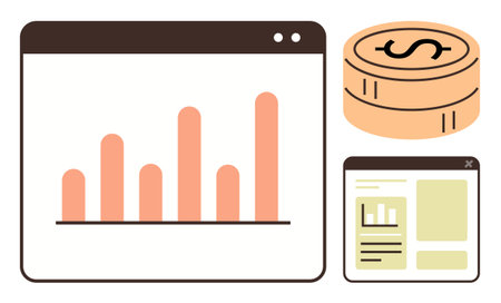 Bar chart on a browser window, currency stack, small dashboard. Ideal for business, finance, investment, data analysis, economy budgeting financial planning. Simple flat metaphorのイラスト素材