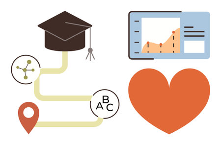 Graduation cap on educational journey with a map marker, data chart, molecule, and heart symbol. Ideal for education, success, learning, analytics growth development motivation. Simple flatのイラスト素材
