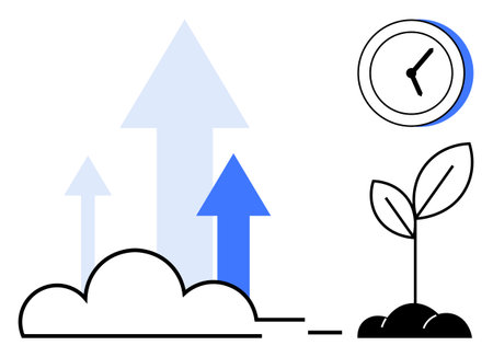 Blue arrows rising from clouds, young plant sprout in soil, and a clock symbolize progress, growth, and time. Ideal for business growth, strategy, success, sustainability time managementのイラスト素材