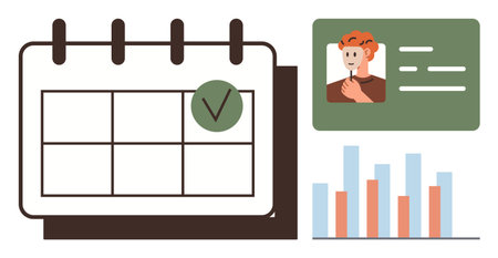 Calendar marked with a checkmark, bar graph, and user profile card representing time management, data analysis, and personal tracking. Ideal for productivity, planning, organization, workflowのイラスト素材