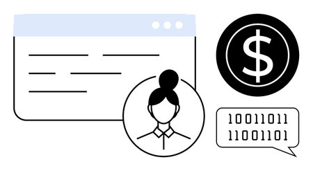 User profile icon, web interface, and dollar icon with binary code speech bubble. Ideal for finance, technology, payments, coding, communication personal data and digital interaction themes. Cleanのイラスト素材