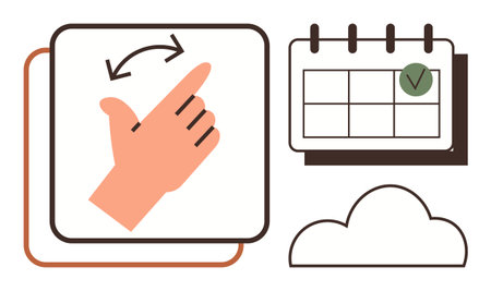 Hand gesture indicating swipe action, calendar with marked date, and cloud icon suggesting task organization, scheduling, digital storage. Ideal for planning, productivity, workflow, managementのイラスト素材