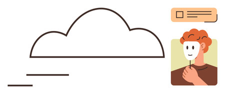 Person holding a mask near cloud shape and digital content box suggesting online identity, data security, privacy. Ideal for technology, anonymity, cybersecurity, authenticity, self-expression, cloudのイラスト素材