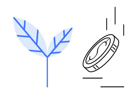 Two main elements blue leaf and coin in motion, symbolizing eco-friendly investment, green economy, renewable resources, economic growth, conservation, ecological funding, and sustainability. Simpleのイラスト素材