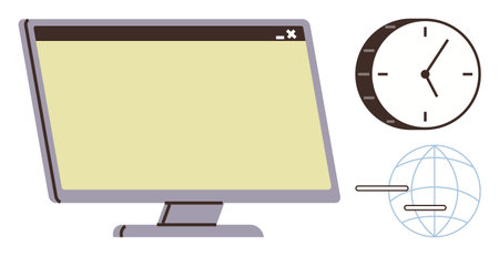 Computer monitor beside clock and globe symbolizing time management, online work, and global communication. Ideal for productivity, digital business, remote work, globalization, project deadlinesのイラスト素材