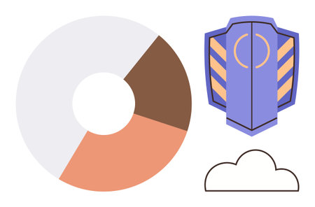 Minimal pie chart, shield representing protection, and cloud symbolizing storage or networking....