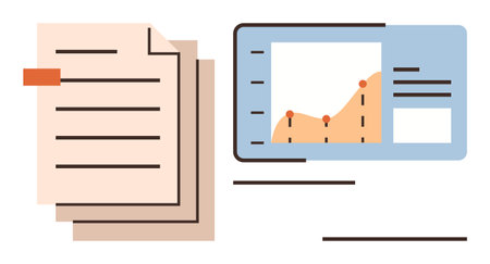 Stacked documents alongside a screen displaying a growth chart with data points. Ideal for business analysis, data strategy, finance, education, corporate planning, teamwork, project management. Aのイラスト素材