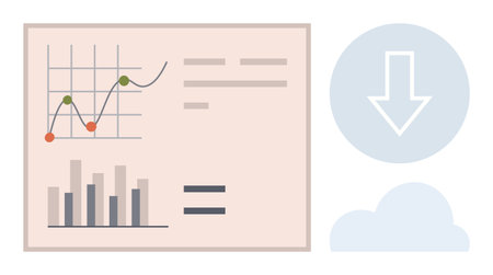 Line chart, bar graph, equal sign, cloud, and download arrow. Ideal for analytics, reports, cloud storage data sharing productivity efficiency technology. Simple flat metaphorのイラスト素材