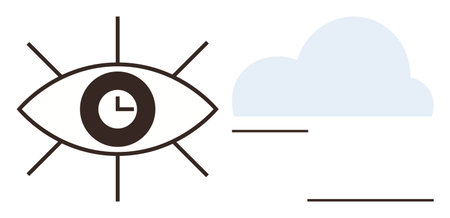 Eye with clock symbolizing vision and timing, alongside a cloud representing imagination. Ideal for time management, focus, creativity, vision, mindfulness, planning future thinking. Clean simpleのイラスト素材
