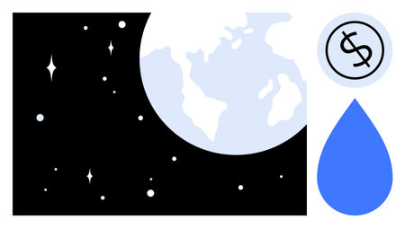Earth in space surrounded by stars, blue water drop, and dollar coin overlay. Ideal for...