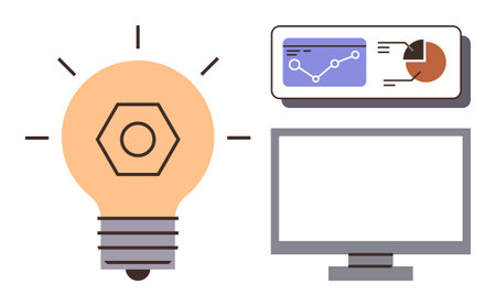 Light bulb representing ideas, analytics chart showing progress, computer screen conveying technology. Ideal for innovation, technology, analytics, creativity, brainstorming, productivity simpleのイラスト素材