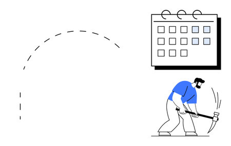 Worker swings a pickaxe toward the ground, paired with a calendar suggesting effort, goals, or deadlines. Ideal for labor, time management, project planning, productivity, persistence deadlinesのイラスト素材