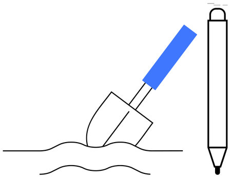 Shovel with blue handle digging into the ground, next to a minimalist pen. Ideal for creativity, brainstorming, problem-solving, action, innovation, construction development. A simple flat metaphorのイラスト素材